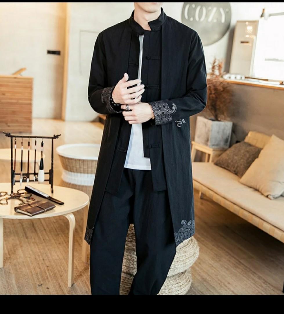 Japanese men trenchcoat blue black long style kimono Men s Fashion Coats Jackets and Outerwear on Carousell