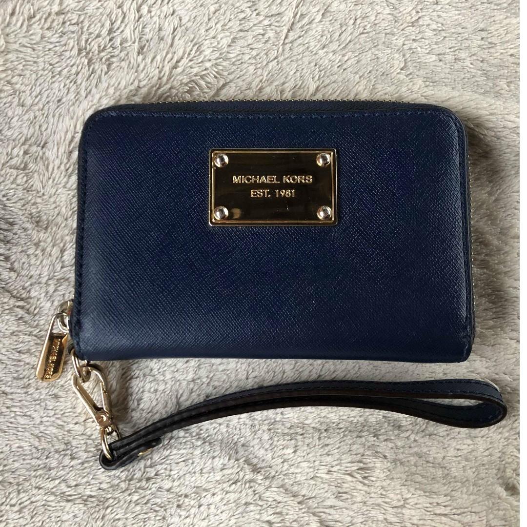 Michael Kors MK Saffiano Blue Leather Zip Around Wallet Authentic from US