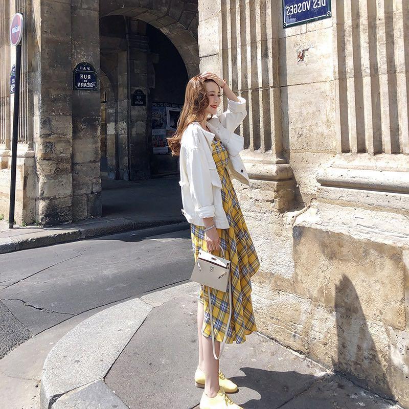 206 ulzzang gingham maxi plaid summer dress checkered grid mustard yellow korean vintage retro sweet summer dress checkered midi