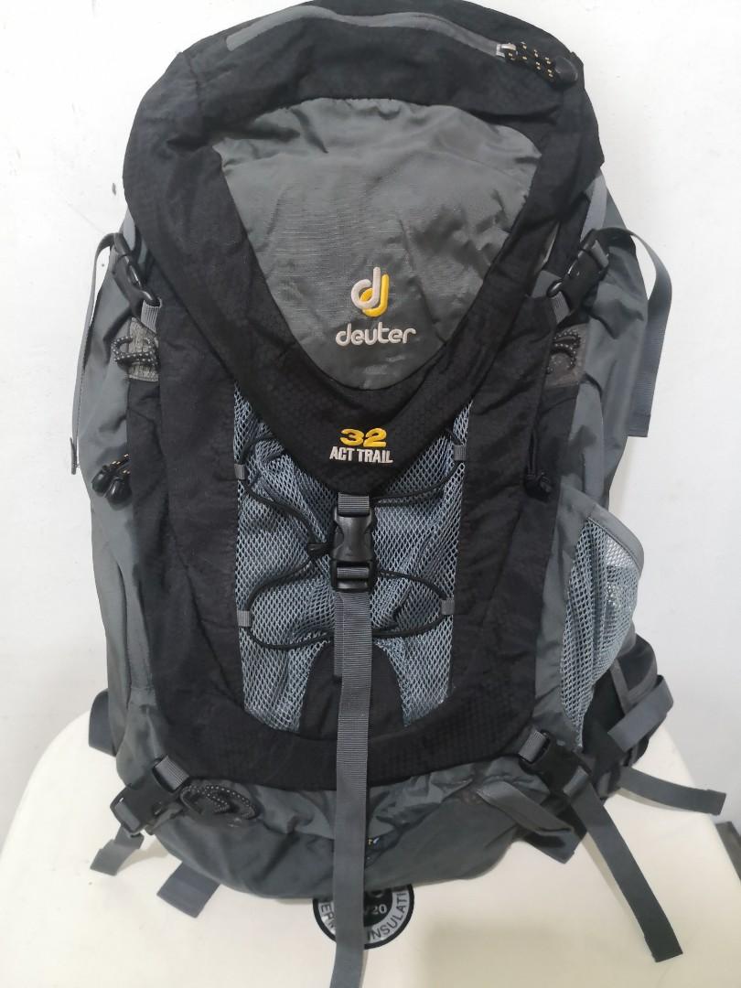 Deuter Act Trail 32 mountaineering backpack (Category: Backpacks) located in Quezon City. Submitted by angeleye7.authentic.source (Listing ID 263979294, Image 2). Description: Deuter act trail 32 hiking backpack Brand new Front load and top load With back padding Black and grey combination.