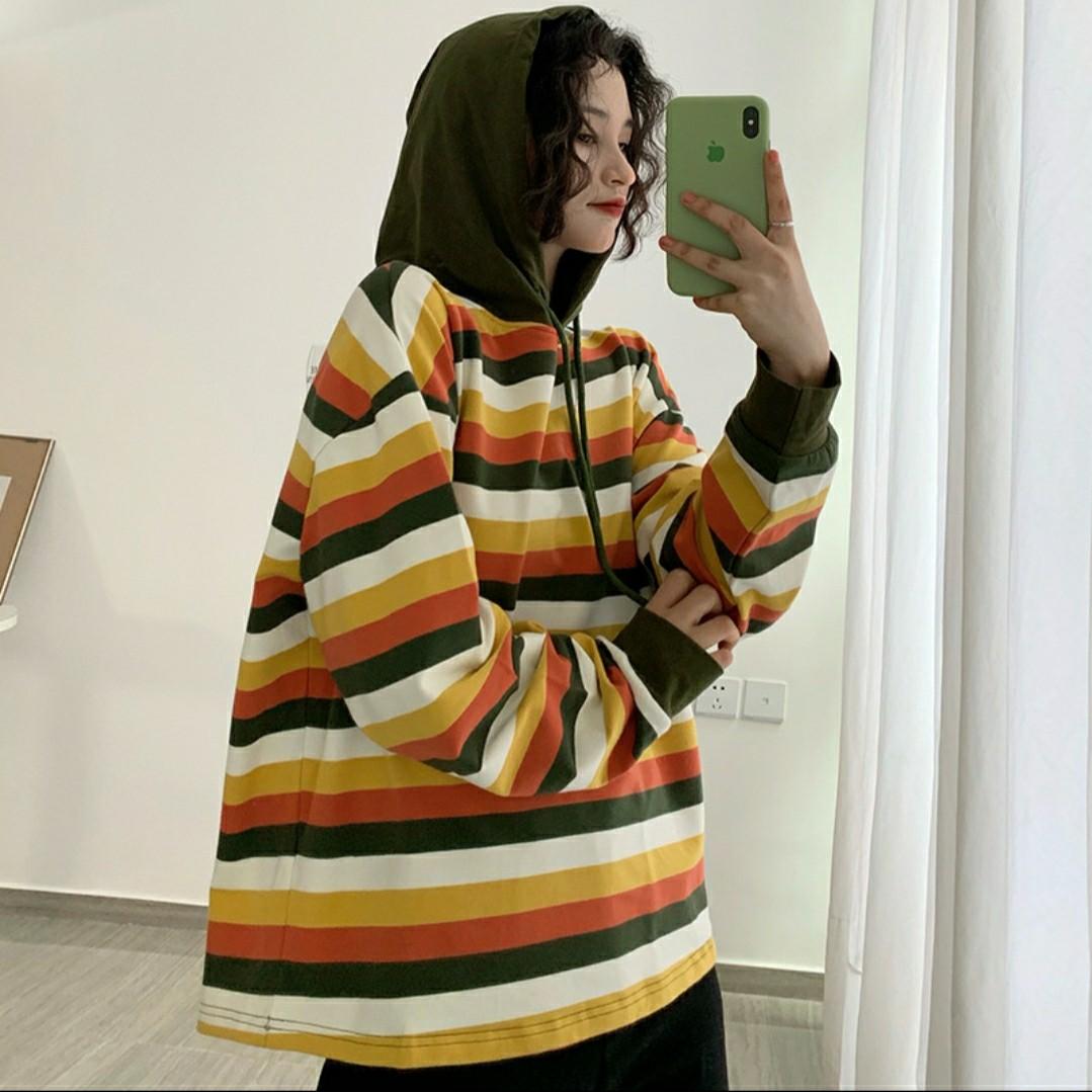 Side Slit Striped Oversized Hoodie