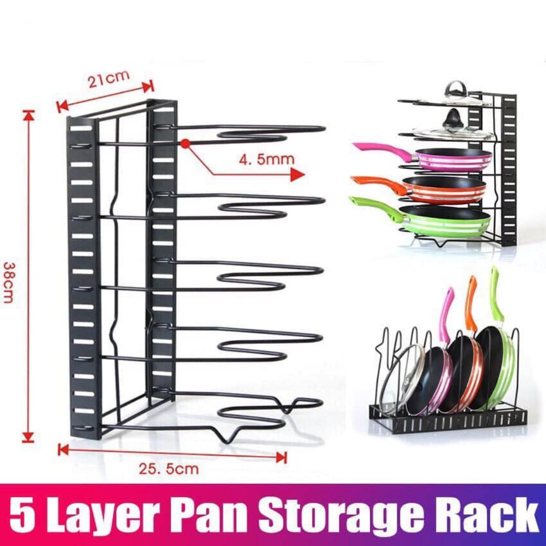 Pan Organizer Pot Rack Lid Holder Cookware (Category: Storage Boxes & Baskets) located in Manila. Submitted by magicgerry (Listing ID 263866341, Image 2). Description: 5 Layer Pan Organizer Pot Rack Lid Holder Cookware Adjustable Heavy Duty Kitchen (P400.00) > [Product Dimension] - The pan organizer rack size is 15'' x 10'' x 8'', The height is adjustable, you can hold 5 pots or pans with lids at once > [Widely Used and Storage] - Organize your p