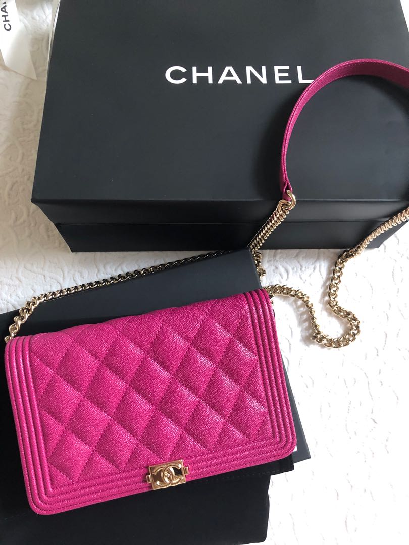 NEW Chanel Fuschia Pink Caviar Boy Wallet on Chain WOC Handbag