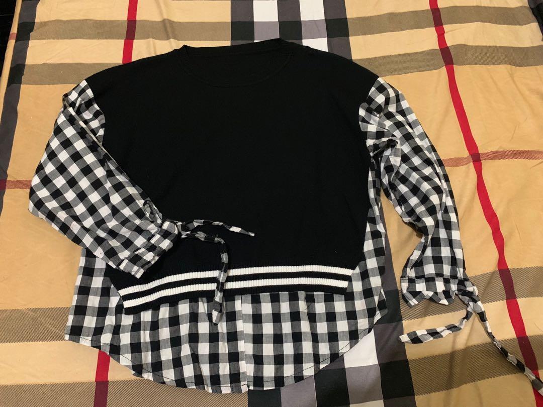 Knitted Sweat shirt with checkered sleeve (Category: Longsleeves) located in Makati City. Submitted by tengz12 (Listing ID 264191468, Image 1). Description: Used once. .