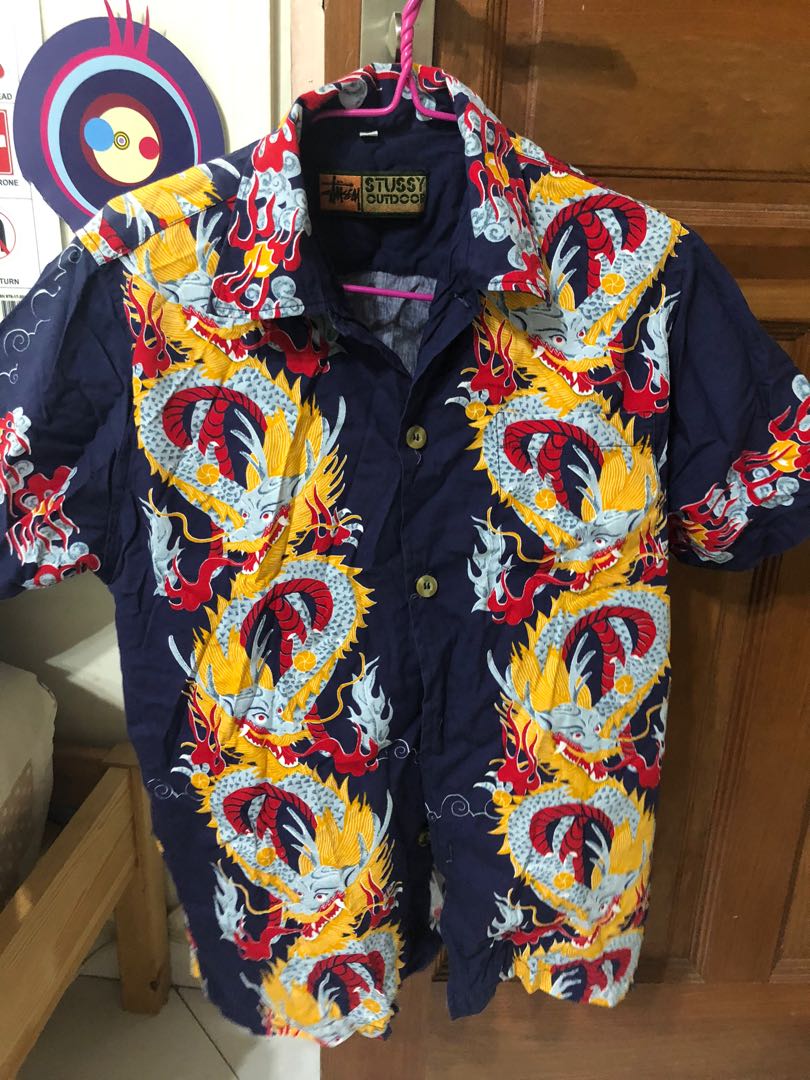 vintage STUSSY dragon button-up shirt dad hawaiian, Men's Fashion