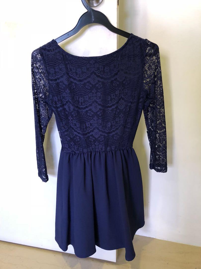 H M navy blue long sleeve lace dress Women s Fashion Tops