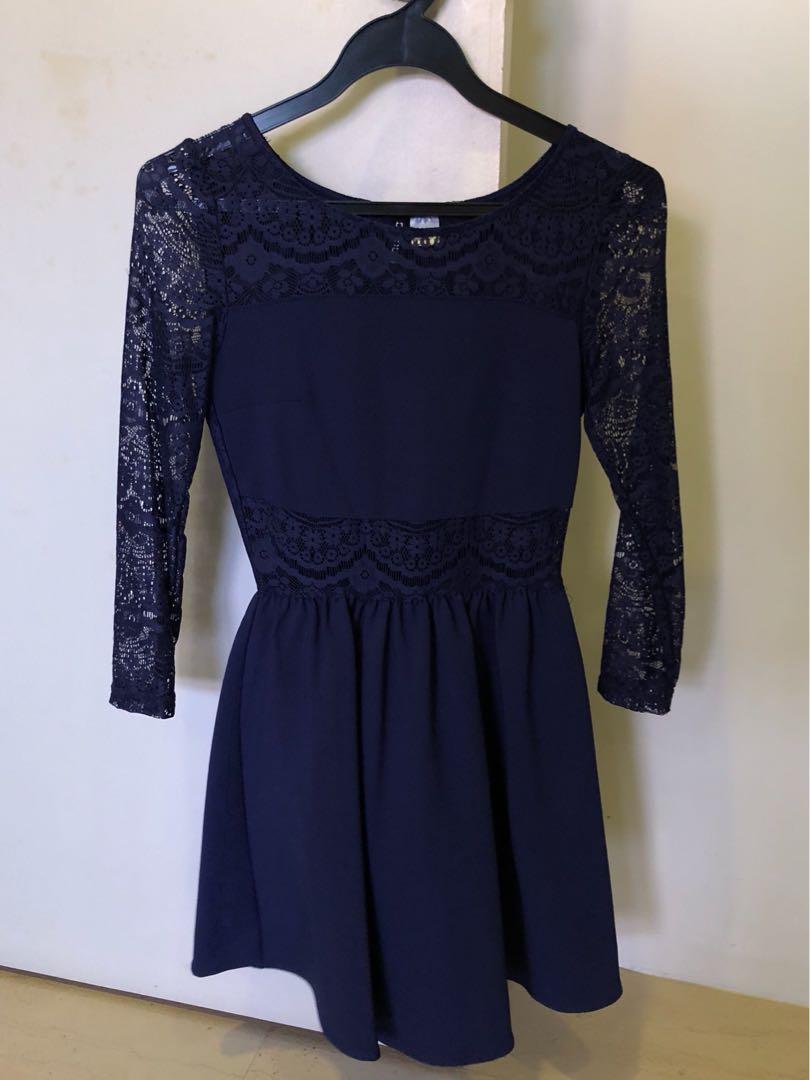 navy blue long sleeve lace dress