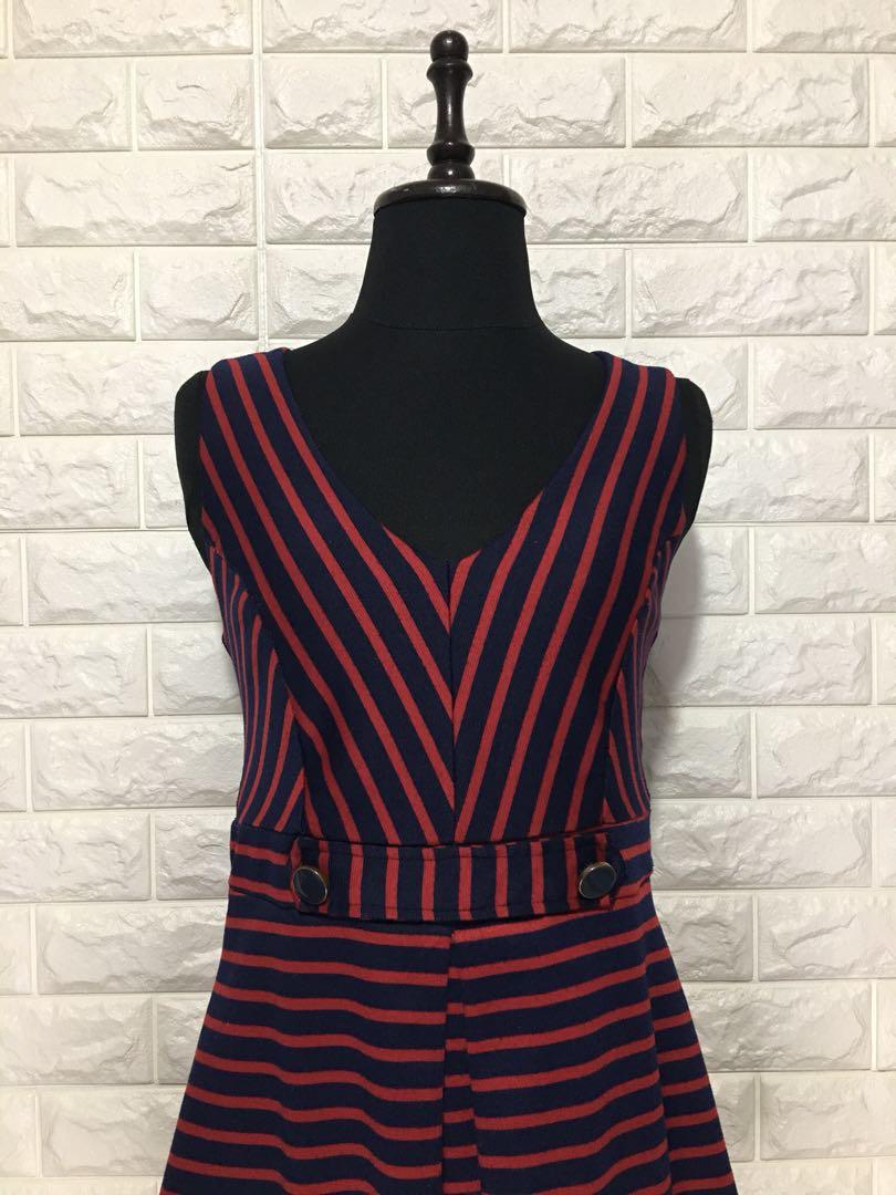 Monteau Navy Red Nautical Striped Dress w Panel Pleats Women s