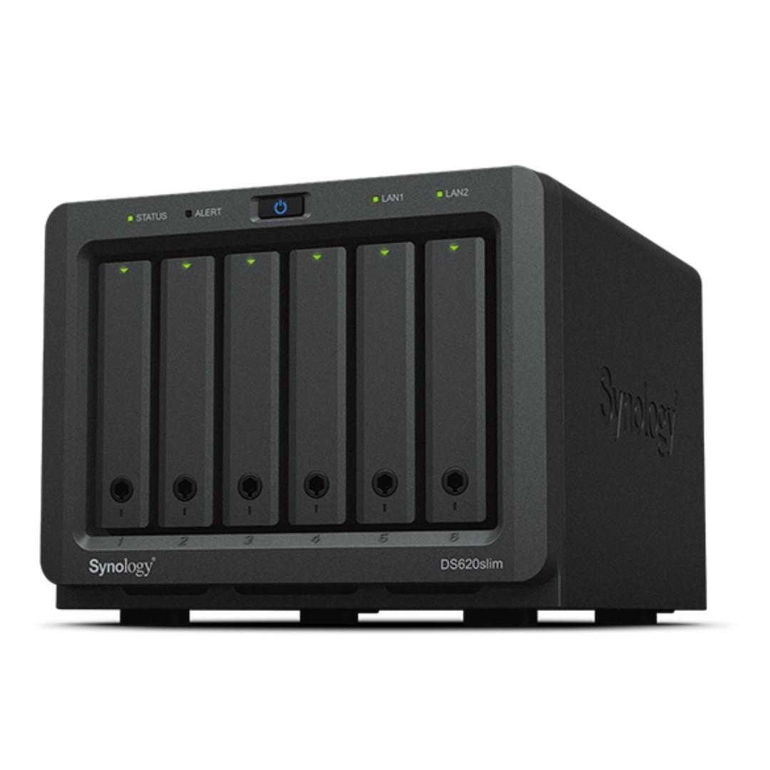 Synology DiskStation DS620slim 6-Bay NAS Enclosure (Category: Computer Parts) located in Quezon City. Submitted by ann_xbs (Listing ID 264258824, Image 1). Description: General Number of Bays 6 x 2.5" Media Card Slots None Connections 2 x USB Type-A (USB 3.1 Gen 1 (5 Gb/s)) 2 x RJ45 (Gigabit Ethernet) Compatible Drive Interface SATA (Unspecified Version) Form Factor Desktop RAID Modes RAID 0, 1, 10, 5, 6, JBOD, Synology Hybrid Hot-Swap Support Ye