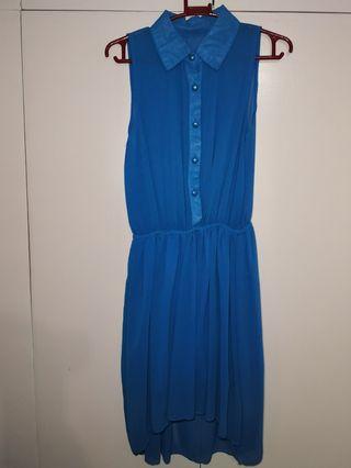 Royal Blue Sheer High Low Collared Dress