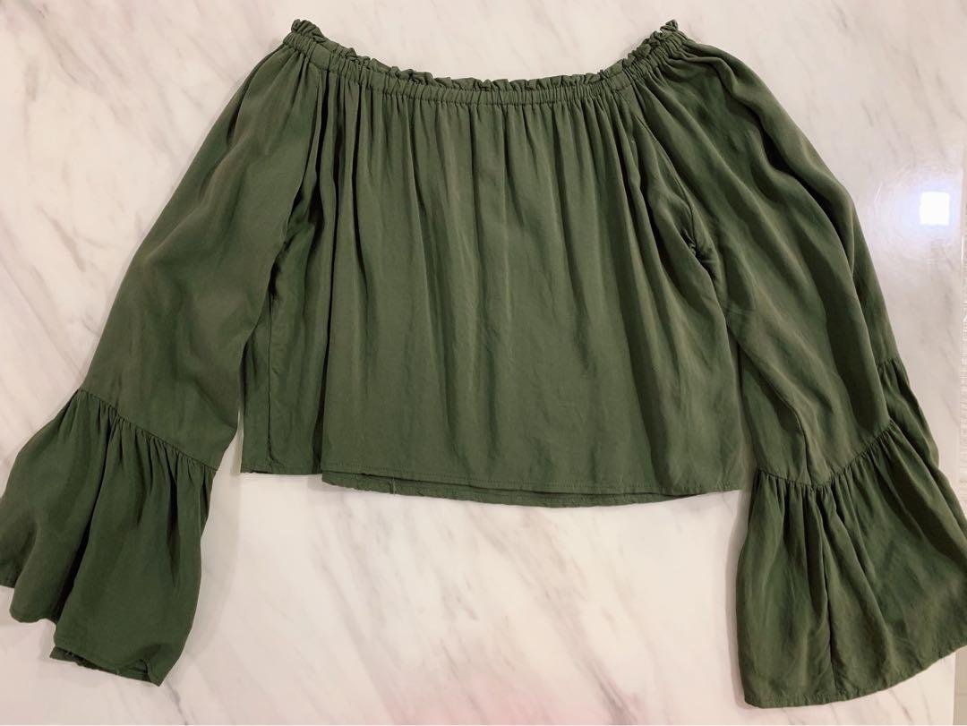 Green Solid Off-Shoulder Tops