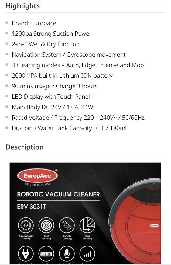 Europace Robotic vacuum cleaner ERV 3031T, TV & Home Appliances, Vacuum