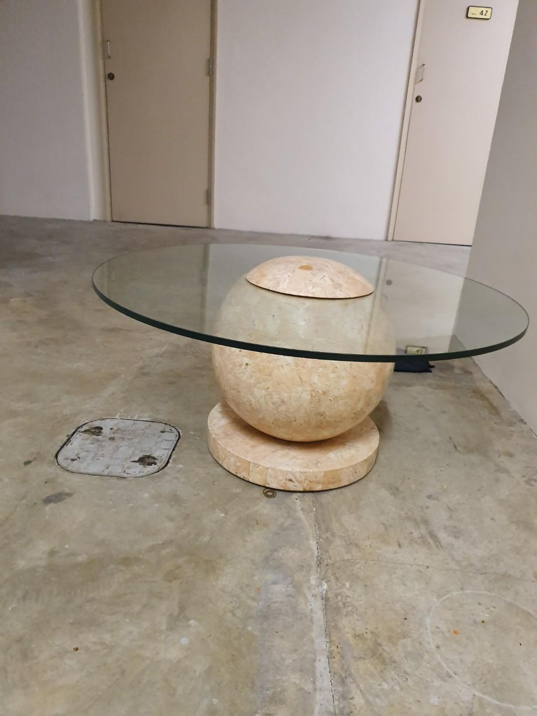 Side table circular (Category: Tables & Sets) located in Singapore. Submitted by rickjasgerald (Listing ID 264882541, Image 2). Description: Solid n heavy side table with detachable glass top. One of a kind. Dimensions-glass diameter is 3 ft, base is 16 inch diameter, height is 17 inch. Marble clad stand . Will deliver for $8 if near town..