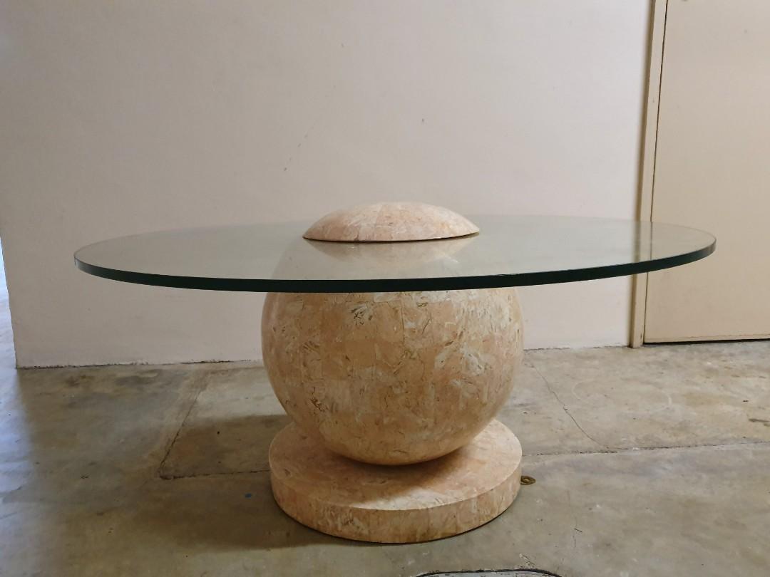 Side table circular (Category: Tables & Sets) located in Singapore. Submitted by rickjasgerald (Listing ID 264882541, Image 1). Description: Solid n heavy side table with detachable glass top. One of a kind. Dimensions-glass diameter is 3 ft, base is 16 inch diameter, height is 17 inch. Marble clad stand . Will deliver for $8 if near town..