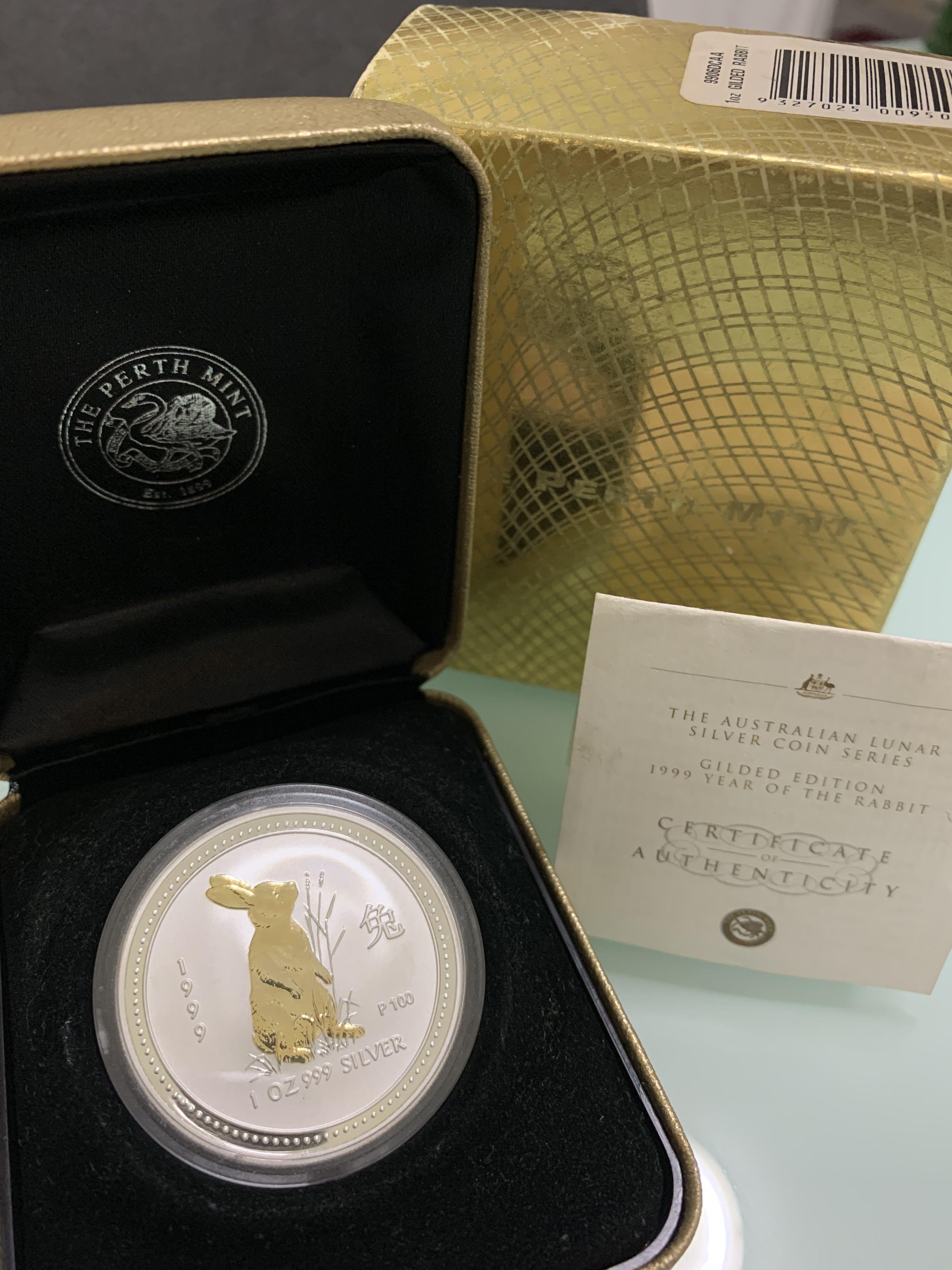 Silver Rabbit 1999 Gold Gilded Series I Australia Perth Mint 1 oz (Category: Precious Stones) located in Singapore. Submitted by silver.coins (Listing ID 257783997, Image 3). Description: ⭐️SUPER RARE⭐️ 1999 Australia Perth Mint Silver Rabbit Series I - 1oz 24-Carat Gold Gilded This is very rare and is first issue of the Lunar Series. Coin is in mint condition. .