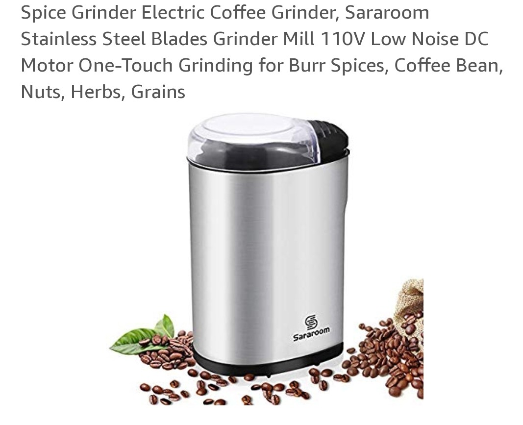 Coffee Bean Herbs Electric Coffee Grinder Sararoom Coffee Bean and Spice Grinder Mill 110V Low Noise DC Motor with Stainless Steel Body and Blades for Burr Spices Grains and More Nuts 