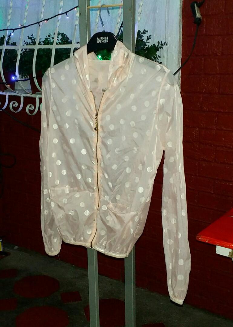 Unbranded Peach RAIN JACKET with hood (Category: Others Tops) located in Quezon City. Submitted by donjie (Listing ID 264812503, Image 3). Description: RAIN JACKET #271 Brand: Unbranded Color: Peach Design: Transparent with silver polka dot and hood Size: Small Shoulder: 14.5 inches Chest: 40 inches Armhole: 18 inches Length: 24 inches Sleeve Length: 24 inches P120 Shipping Fee P60.