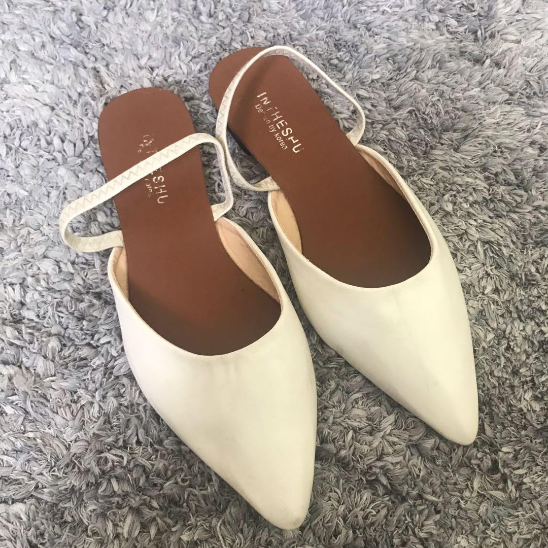 White Pointed Toe Open Back Flats 