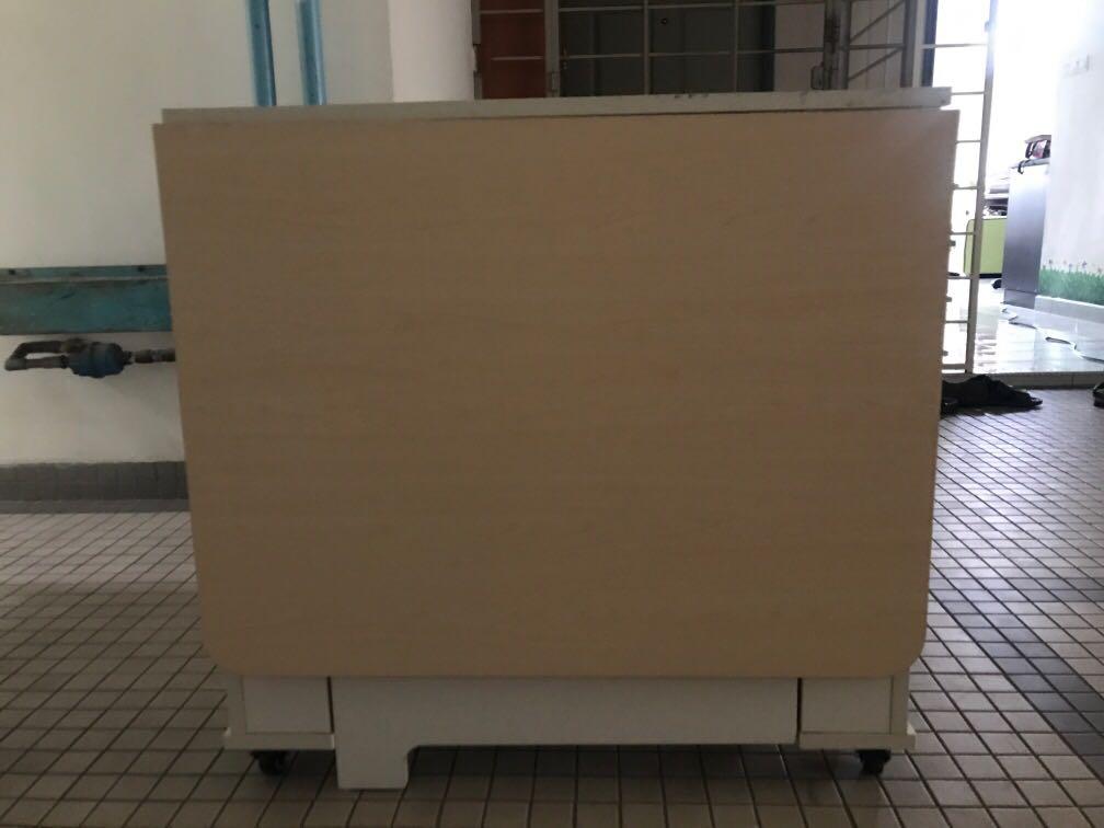 Foldable Dining Table (Category: Chairs) located in Kuala Lumpur. Submitted by winnie_chong (Listing ID 264940976, Image 3). Description: - Still in good condition - Measurements: Length ~ 140cm Height ~ 78cm Width ~ 80cm (When opened) / 23cm (When closed) - Please refer to pictures in the advertisement for actual condition of the table ie: 1. Replaced one of the hinges before 2. One of the latch is not working .