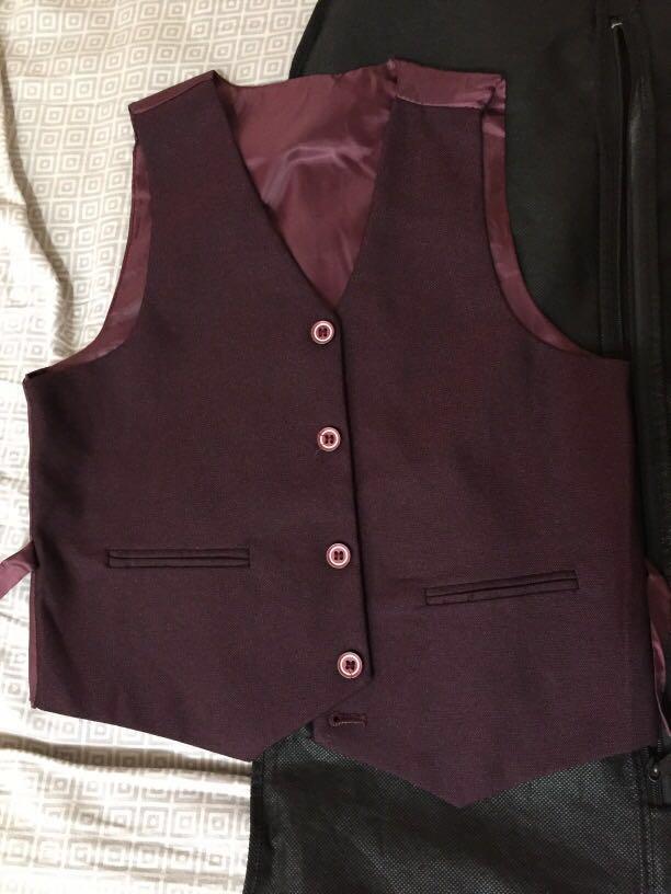 Full package suit - Blazer or Coat + Vest + Pants (Category: Coats, Jackets and Outerwear) located in Santa Rosa. Submitted by dosequince (Listing ID 264951275, Image 3). Description: Maroon/Wine Red Suit (estimated measures) • Blazer: - L: 30 inches | W: 20 inches - Sleeve: 27 inches • Pants: - Size: 27-30 - L: 35 inches Original price: Php5000 RFS: used twice only.