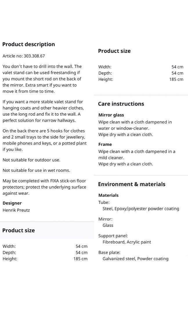 Ikea Lierskogen, ValetStand With Mirror, White (185cm), Furniture
