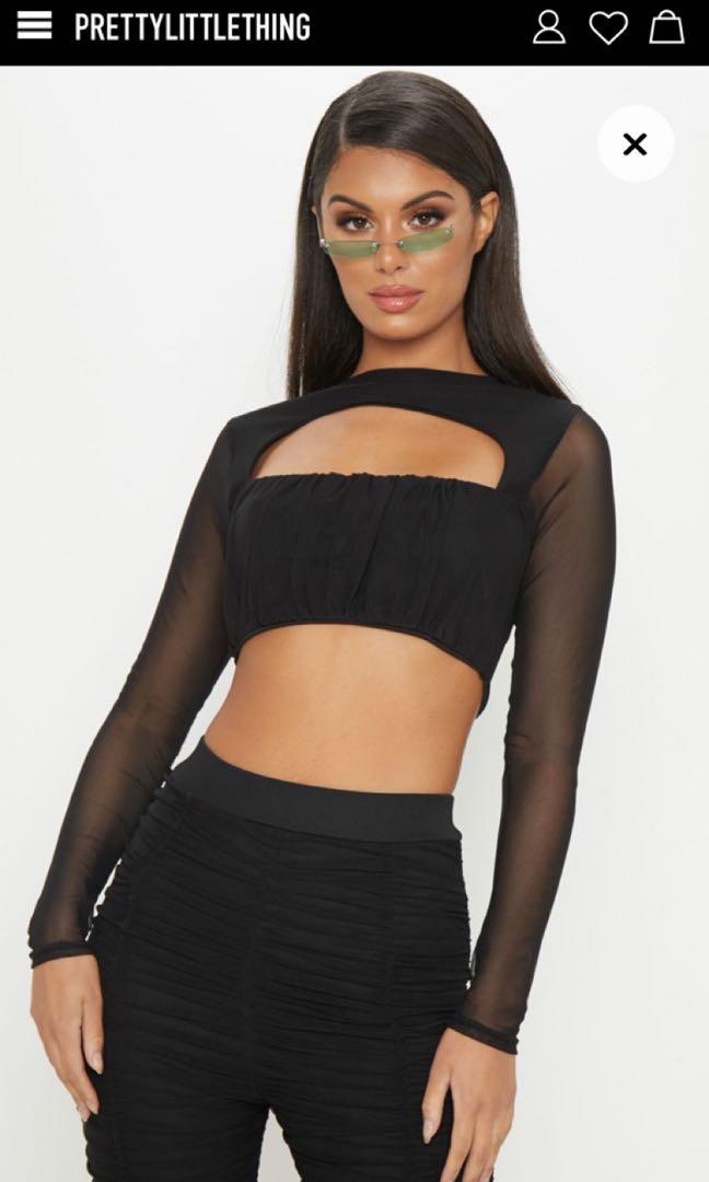 mesh long sleeve crop top black