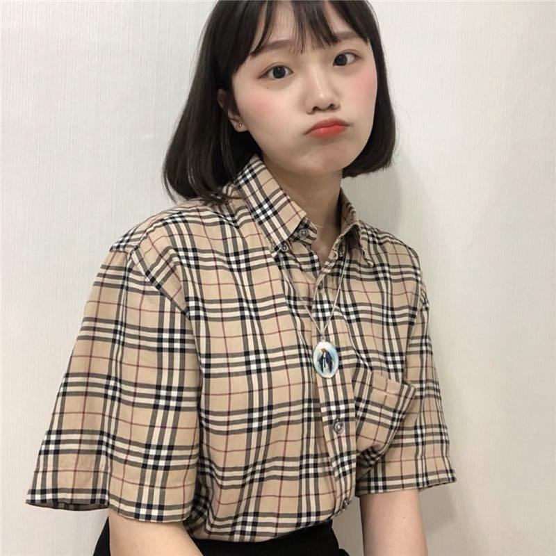 Checkered short sleeve button up sales