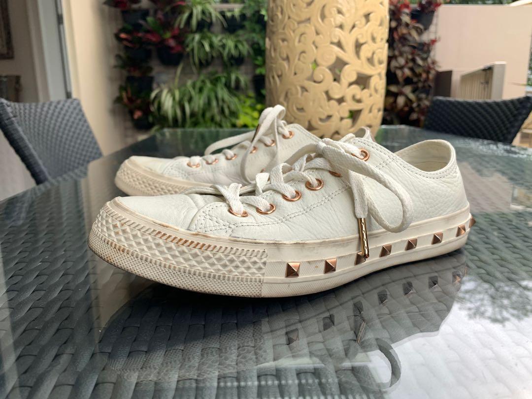 White leather converse with cheap gold studs
