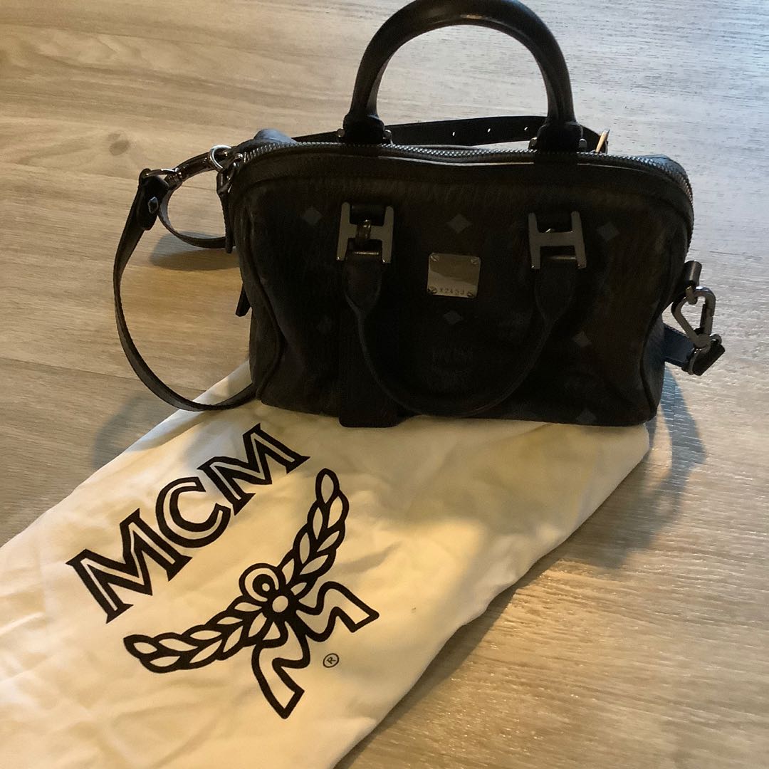 MCM Mini Boston Handbag Sling Bag Black, Women's Fashion, Bags