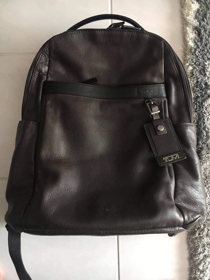 tumi brown leather backpack