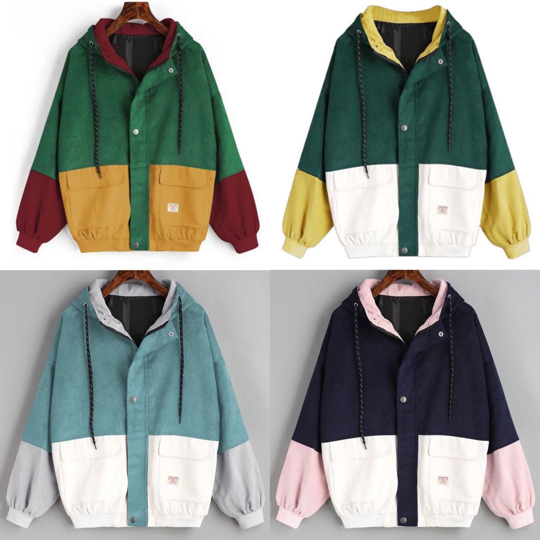 528 green with yellow navy blue with pink green with wine red and yellow blue corduroy jacket vintage retro zip up ulzzang korean windbreaker