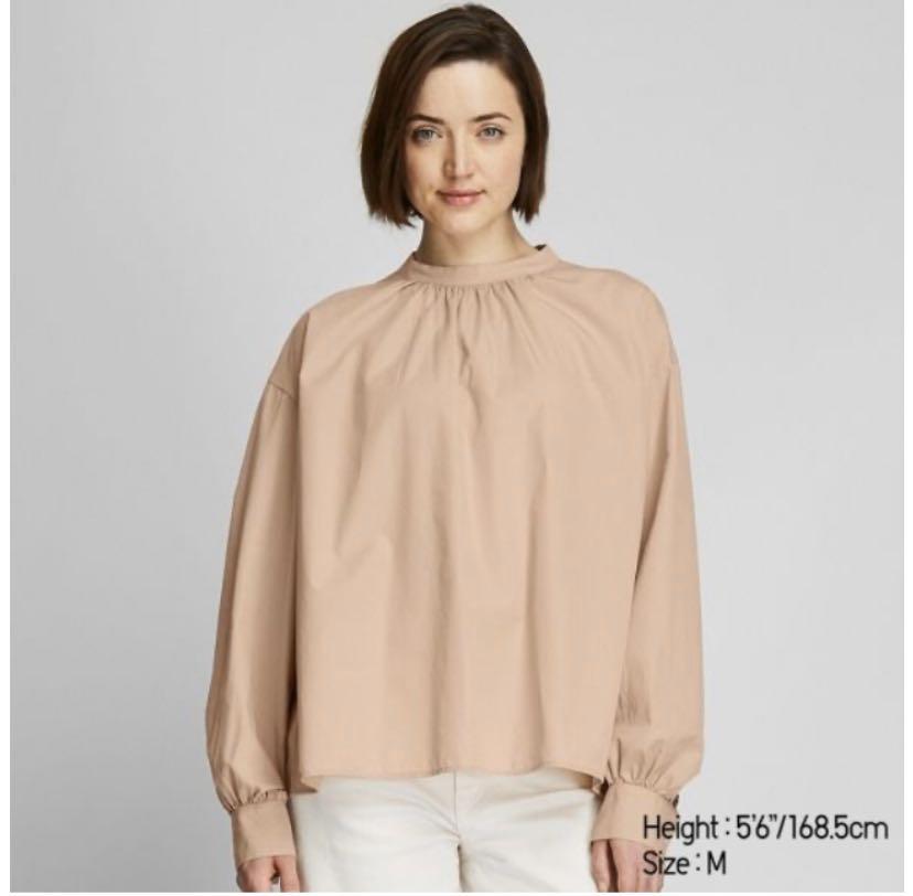 Uniqlo WOMEN Cotton High Neck Volume Long Sleeve Blouse, Women's Fashion,  Tops, Blouses on Carousell