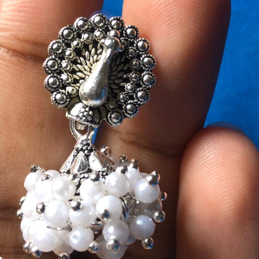 Silver Peacock Jhumka Jimikki with White Pearls