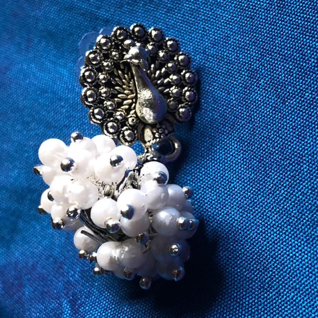 Silver Peacock Jhumka Jimikki with White Pearls