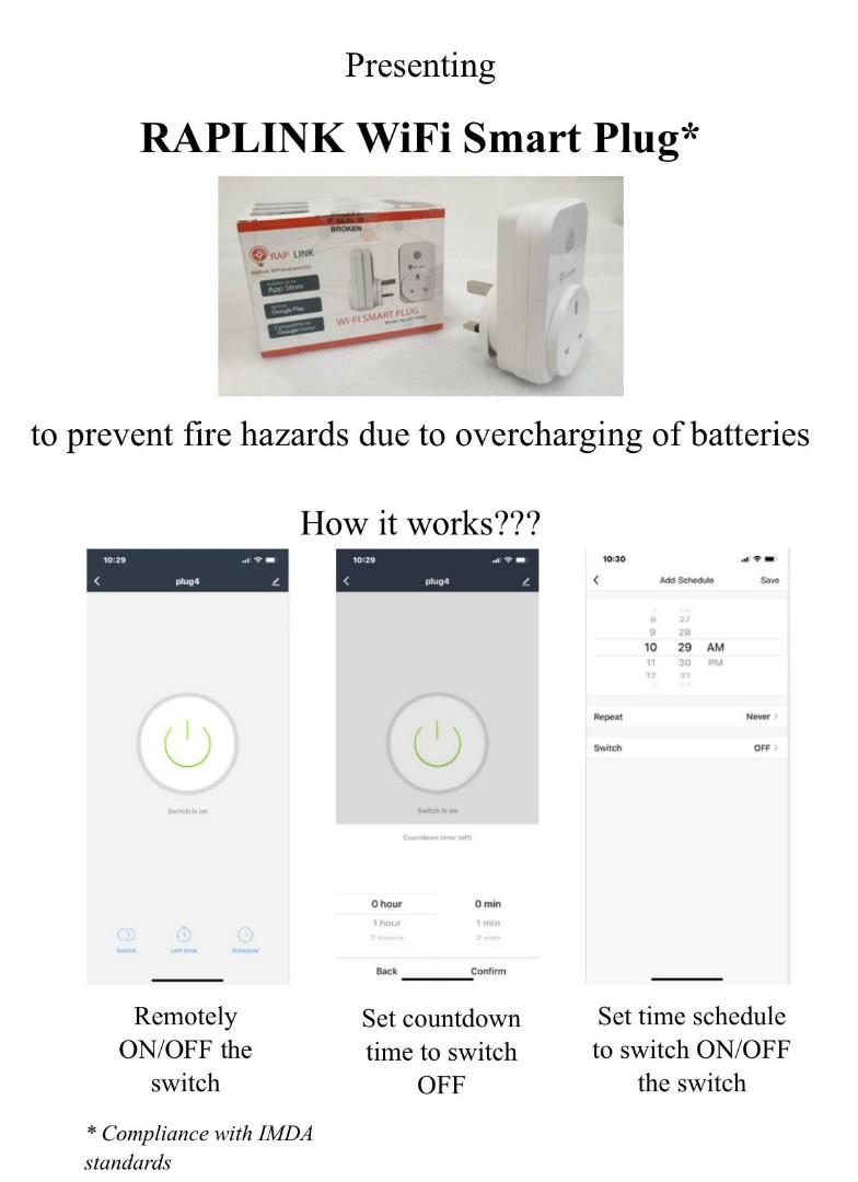 Smart Plug (Category: Electrical, Adaptors & Sockets) located in Singapore. Submitted by ryansiaa (Listing ID 265765552, Image 6). Description: RAPLINK'S Smart Plug Complies with IMDA and has Safety Sticker Enjoy full control of your Smart Plug with features such as : Remote control of your plug Voice control (via google home etc) Fully customisable scheduling Timer to on/off plug Price is inclusive of 1 year warranty.