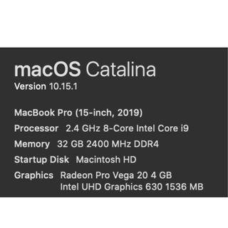 Macbook Pro 15" 2019 , i9-8 core, Radeon Pro Vega 20 GPU,32gb, 1TB