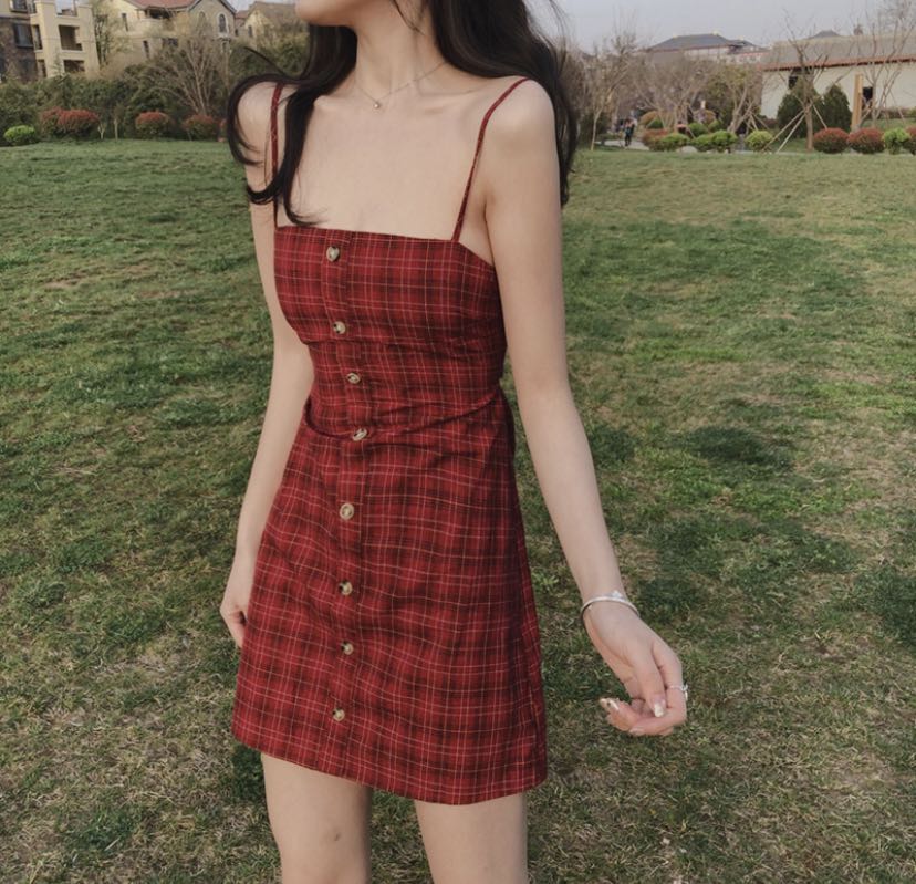 546 red checkered plaid dress spaghetti strap spag strap camisole