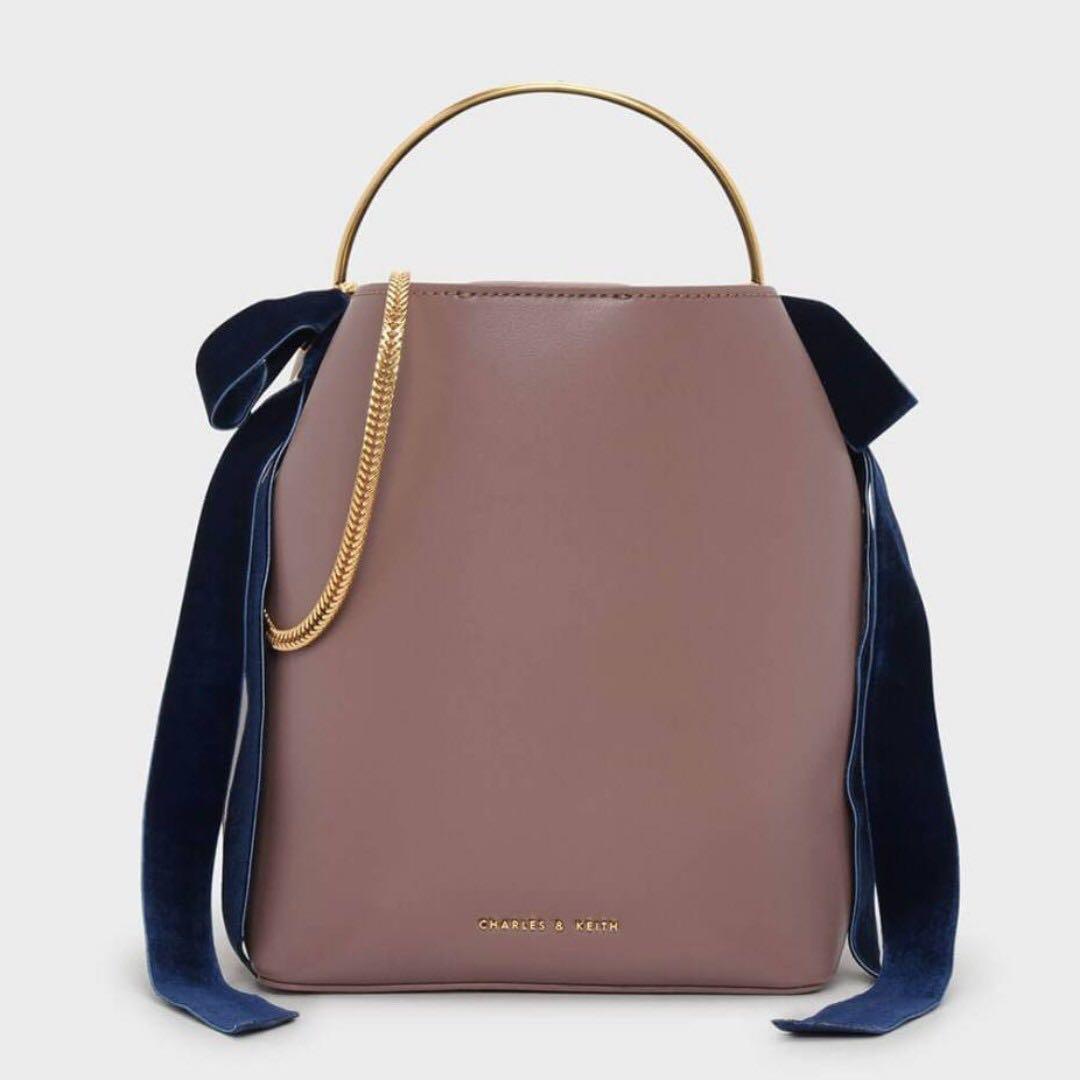 Charles Keith Velvet Bow Bucket Bag Mauve Women s Fashion Bags Wallets Cross body Bags on Carousell