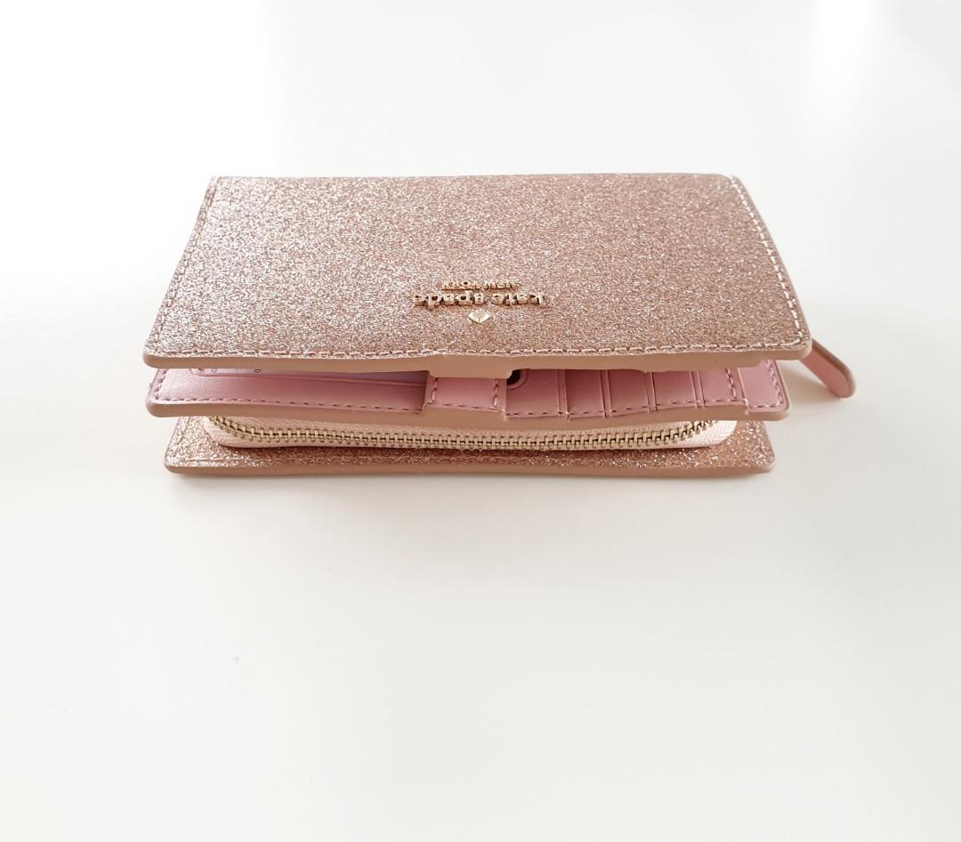 Kate Spade Rose Gold glitter medium bifold wallet, Women's Fashion