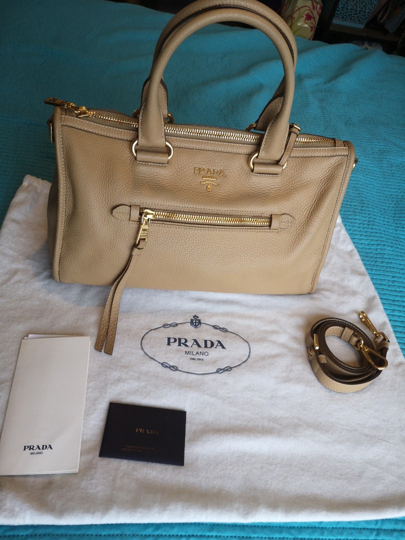 Prada Sughero Beige Vitello Daino Leather Bauletto Bag