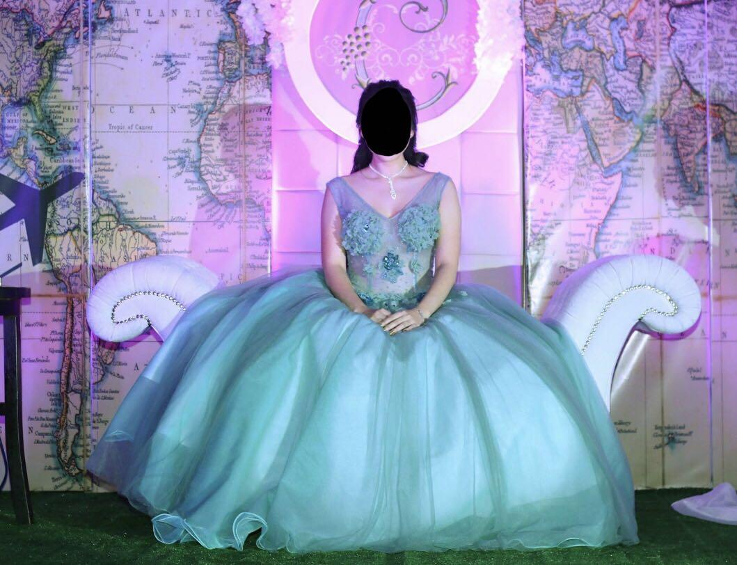 Sheer Debut Gown (Category: Evening dresses & gowns) located in Quezon City. Submitted by maydeclutters (Listing ID 265835080, Image 3). Description: In turquoise color Used once by my daughter during her debut Bought for 18,800.