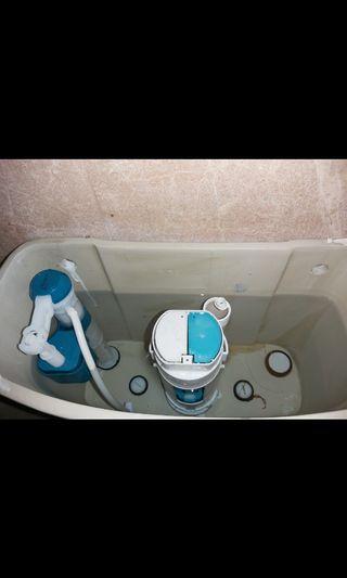 Plumbing, cistern system, water tank, bidet spray,  toilet bowl.