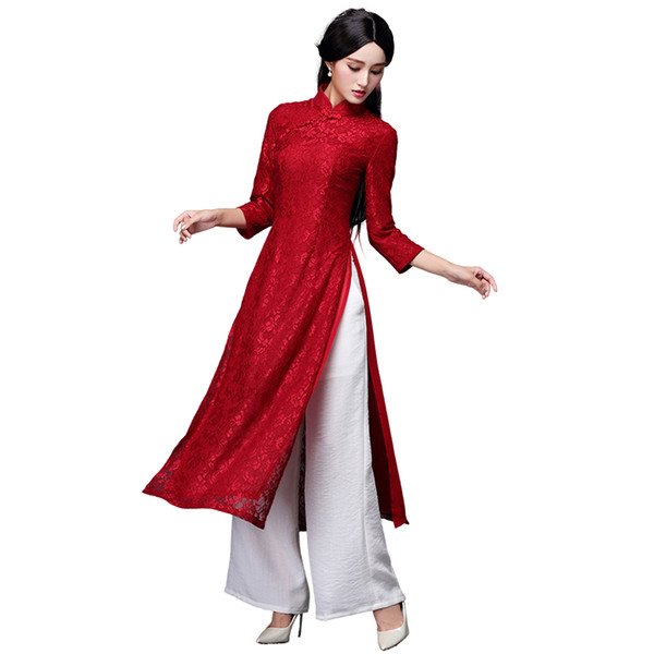 Ao Dai Red Vietnamese Traditional Dress Rental Looking For on