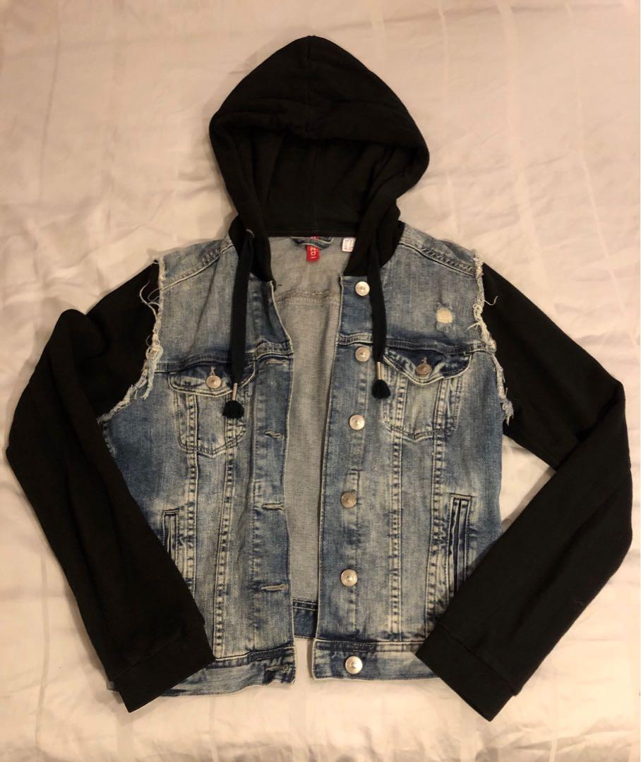 H\u0026M Denim Black Hoodie Jacket Size EU40 
