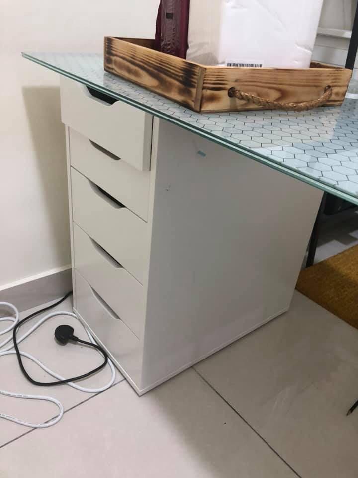 Ikea Office table with Ikea pattern tempered glass, Furniture