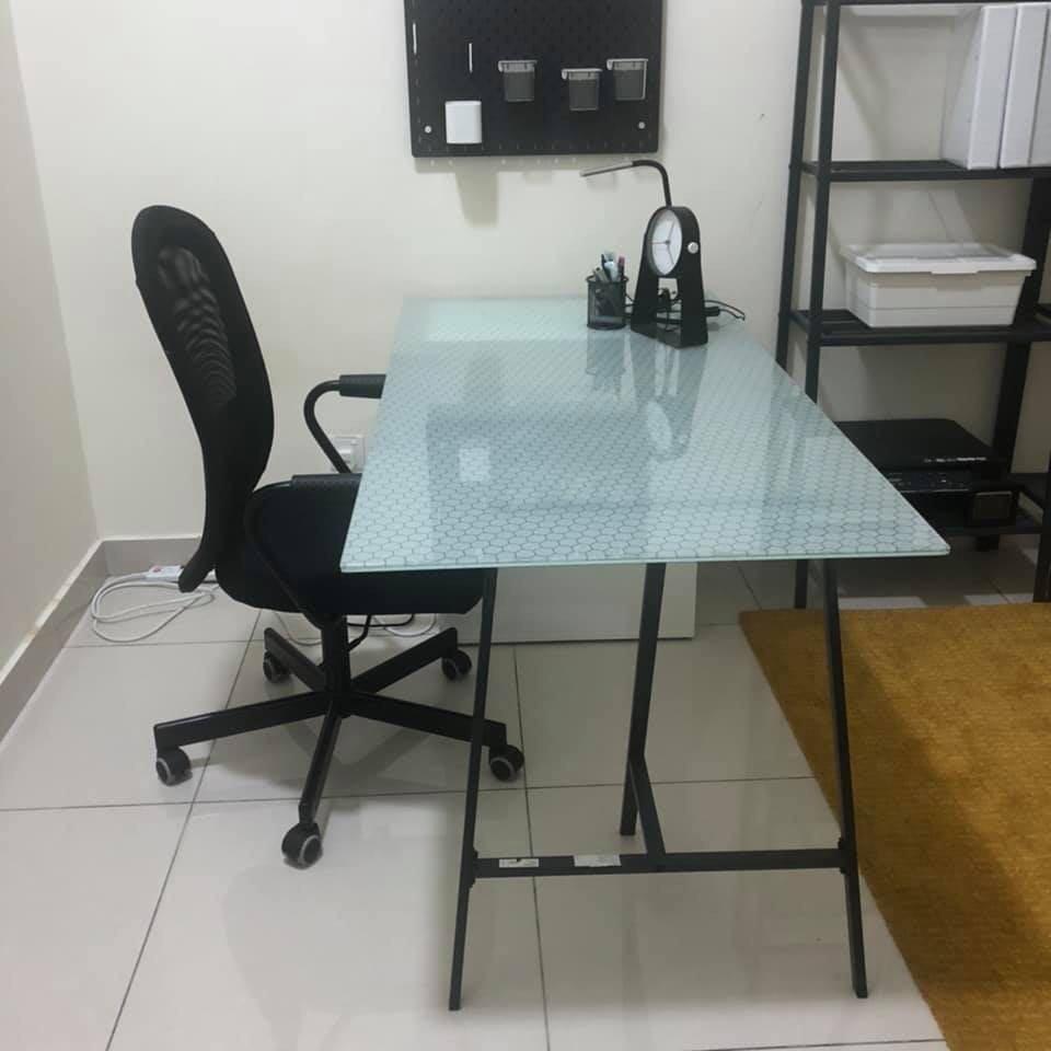 Ikea Office table with Ikea pattern tempered glass, Furniture