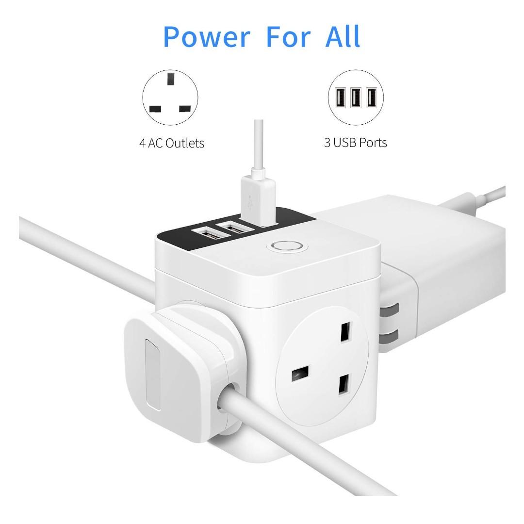 Mscien 2M Mini Cube Extension Lead with 3 USB, 4 Way Switched UK