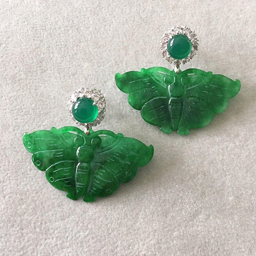 Green agate w Burmese carved butterfly jade earrings Luxury