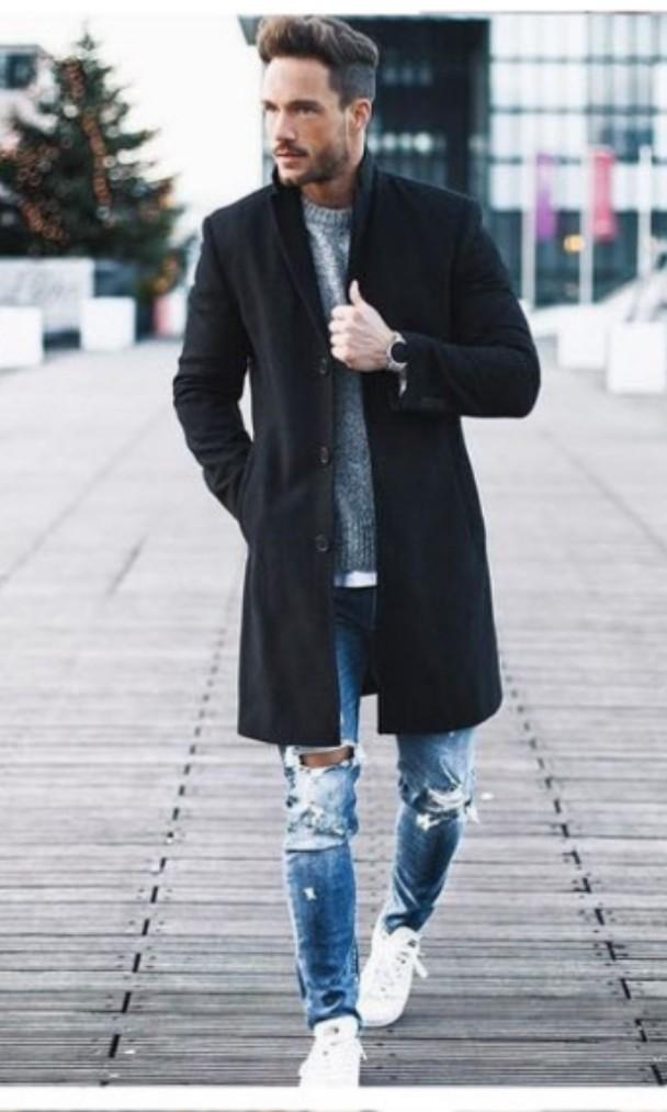 Men long cheap coat black