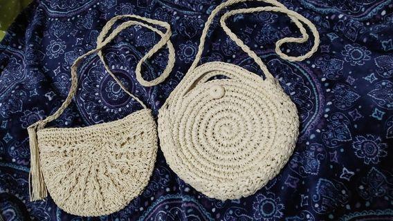 2pcs Handmade straw woven rattan beach bag